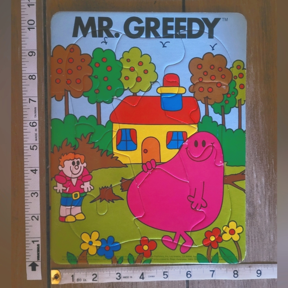 Vtg Puzzle Mr. Greedy 1983 Roger Hargreaves colorful fun cardboard 80s retro toy